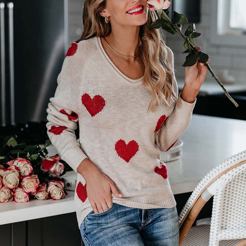 Women's Knit Sweater with Red Heart Print | V-Neck