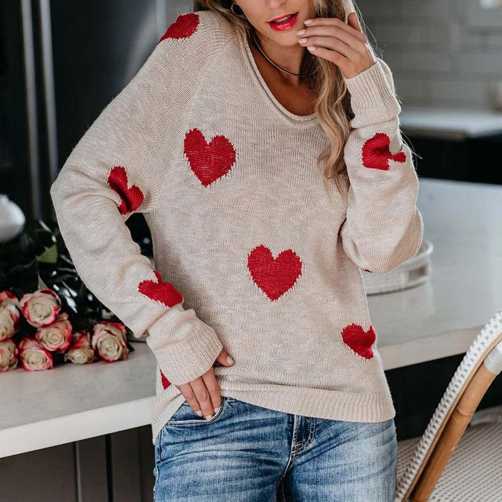 Women's Knit Sweater with Red Heart Print | V-Neck