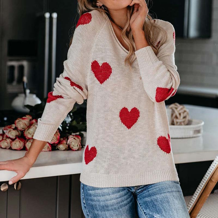 Women's Knit Sweater with Red Heart Print | V-Neck