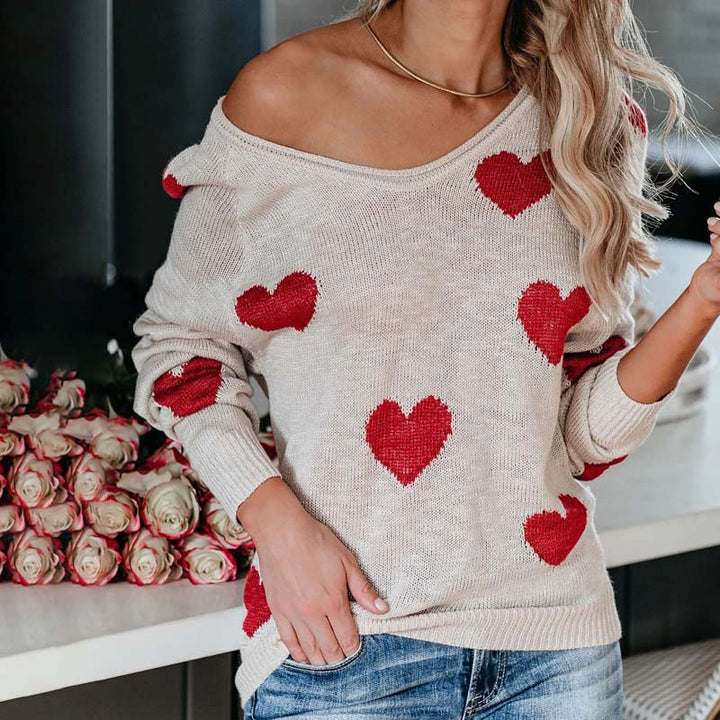 Women's Knit Sweater with Red Heart Print | V-Neck