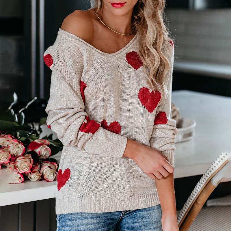 Women's Knit Sweater with Red Heart Print | V-Neck
