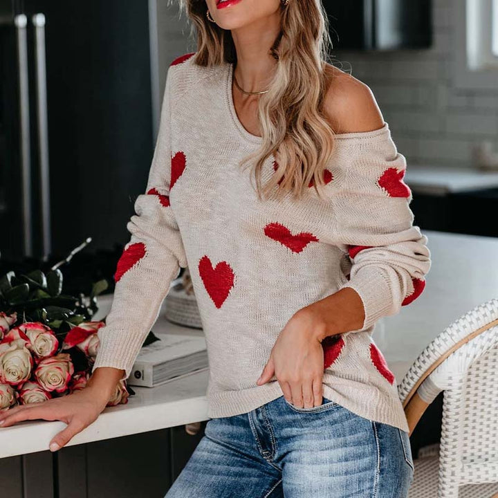Women's Knit Sweater with Red Heart Print | V-Neck