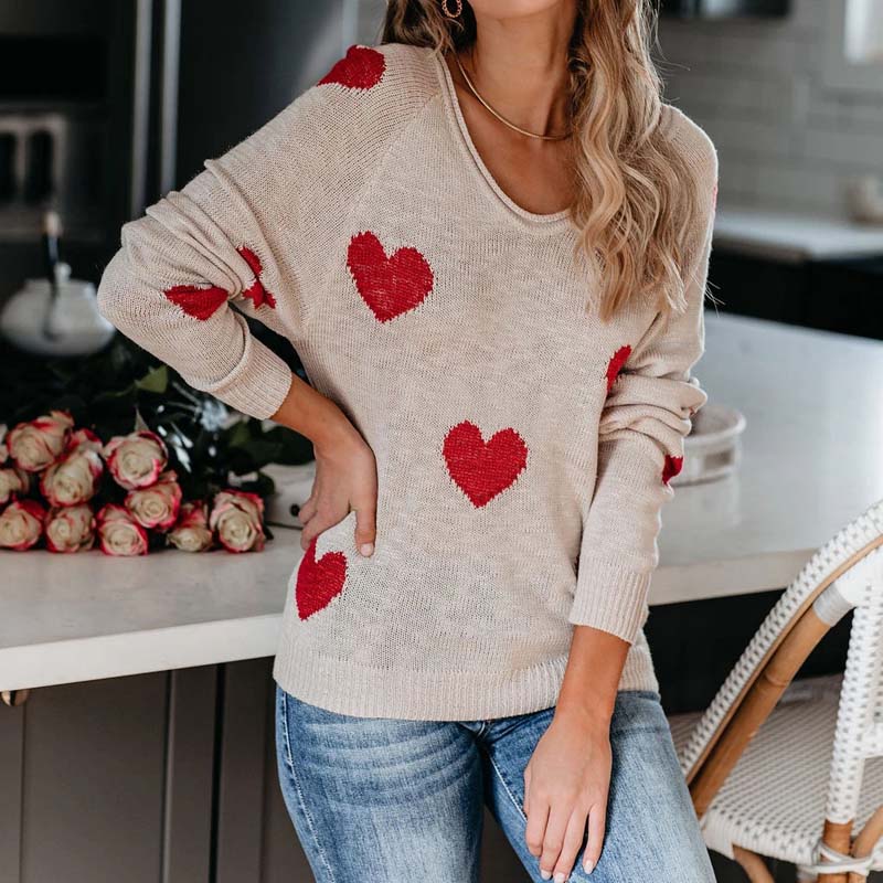 Women's Knit Sweater with Red Heart Print | V-Neck
