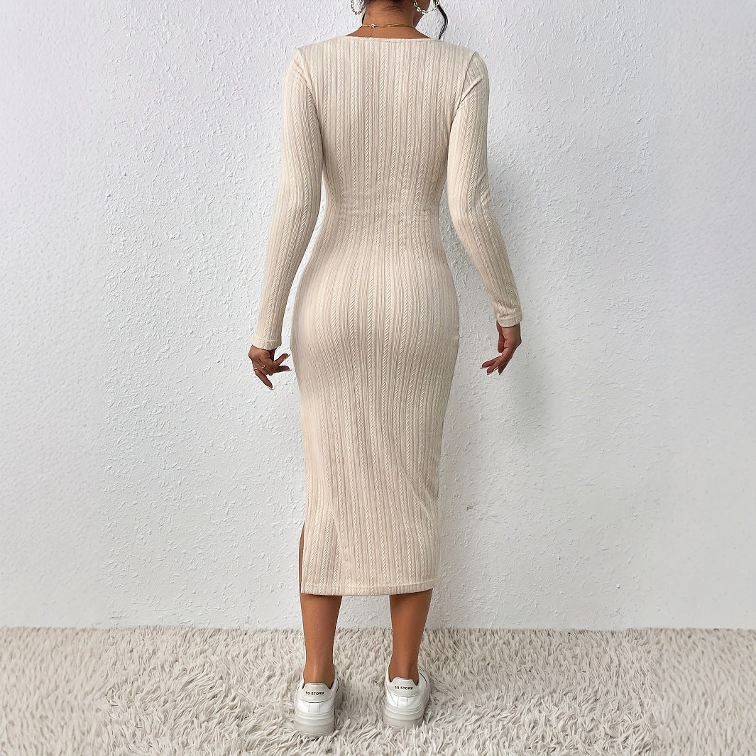 Women's Knit Winter Dress with Scoop Neck & Side Slit | Bodycon