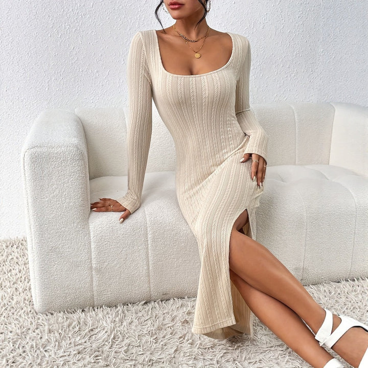 Women's Knit Winter Dress with Scoop Neck & Side Slit | Bodycon