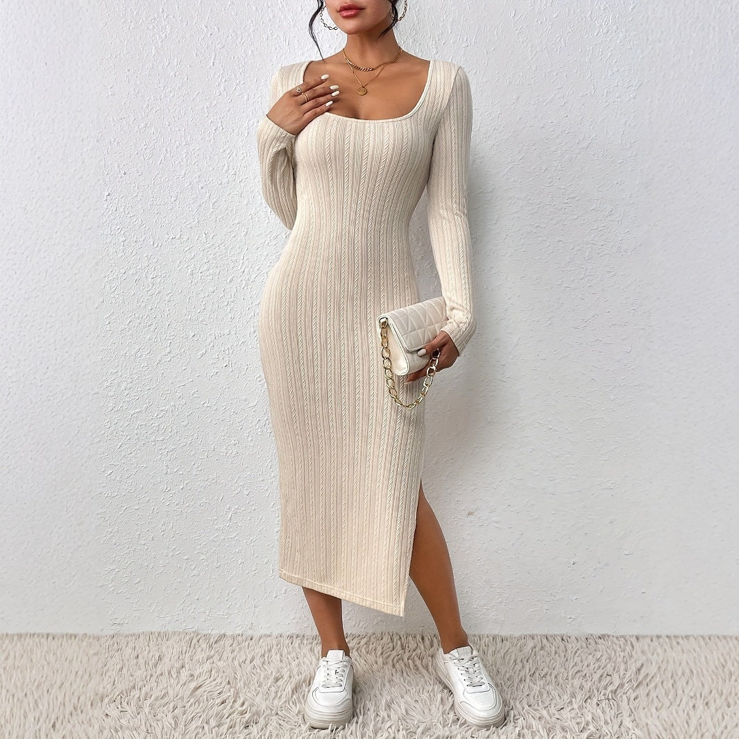 Women's Knit Winter Dress with Scoop Neck & Side Slit | Bodycon