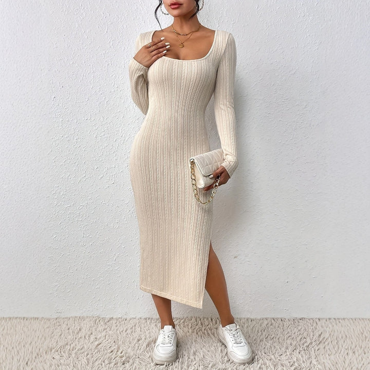 Women's Knit Winter Dress with Scoop Neck & Side Slit | Bodycon