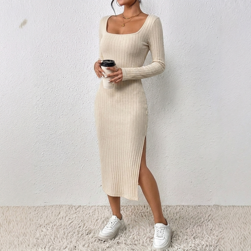 Women's Knit Winter Dress with Scoop Neck & Side Slit
