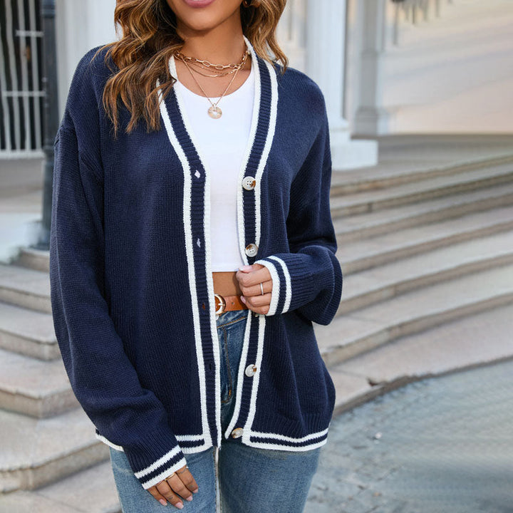 Women's Knitted Cardigan with Contrast Trim | Button Up