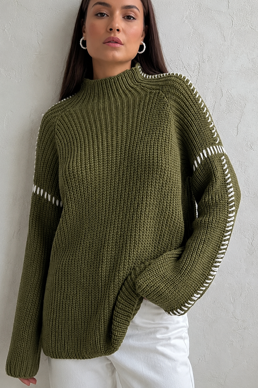 Women's Knitted Jumper Chunky Oversized & Mock Neck | Contrast Stitch