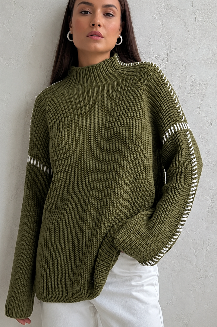 Women's Knitted Jumper Chunky Oversized & Mock Neck | Contrast Stitch