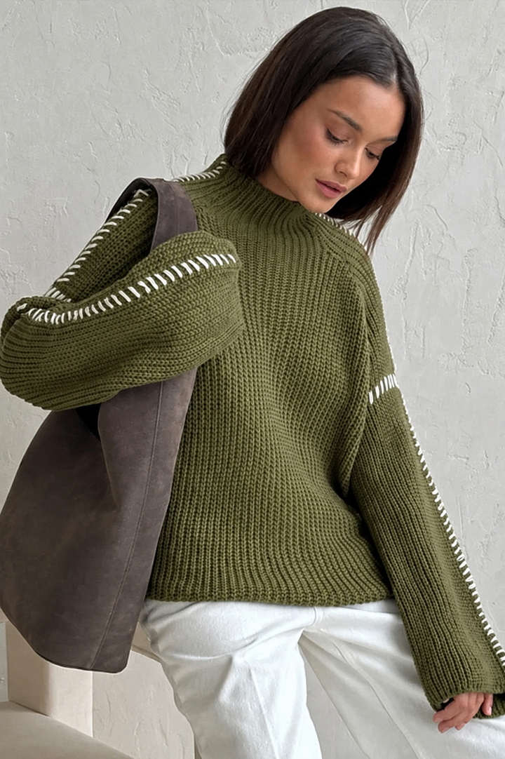Women's Knitted Jumper Chunky Oversized & Mock Neck | Contrast Stitch