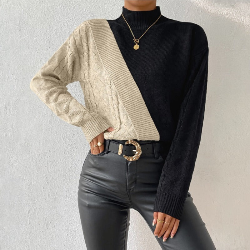 Women's Knitted Jumper with Colour Block & Mock Neck | Casual