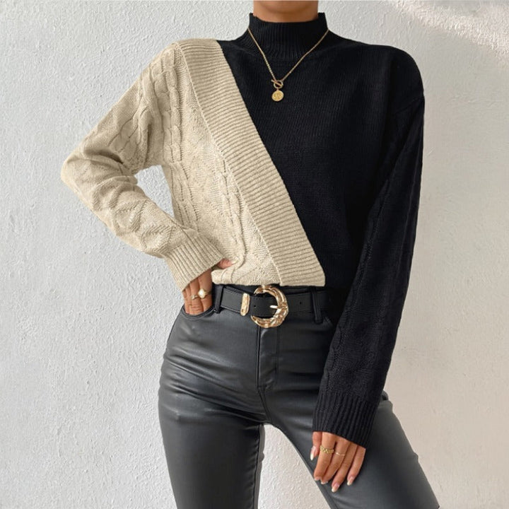Women's Knitted Jumper with Colour Block & Mock Neck | Casual