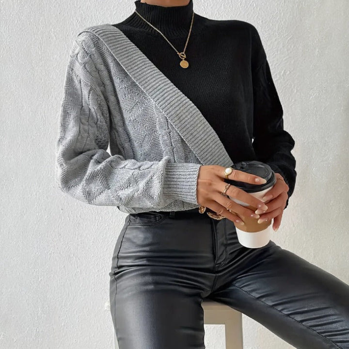 Women's Knitted Jumper with Colour Block & Mock Neck | Casual