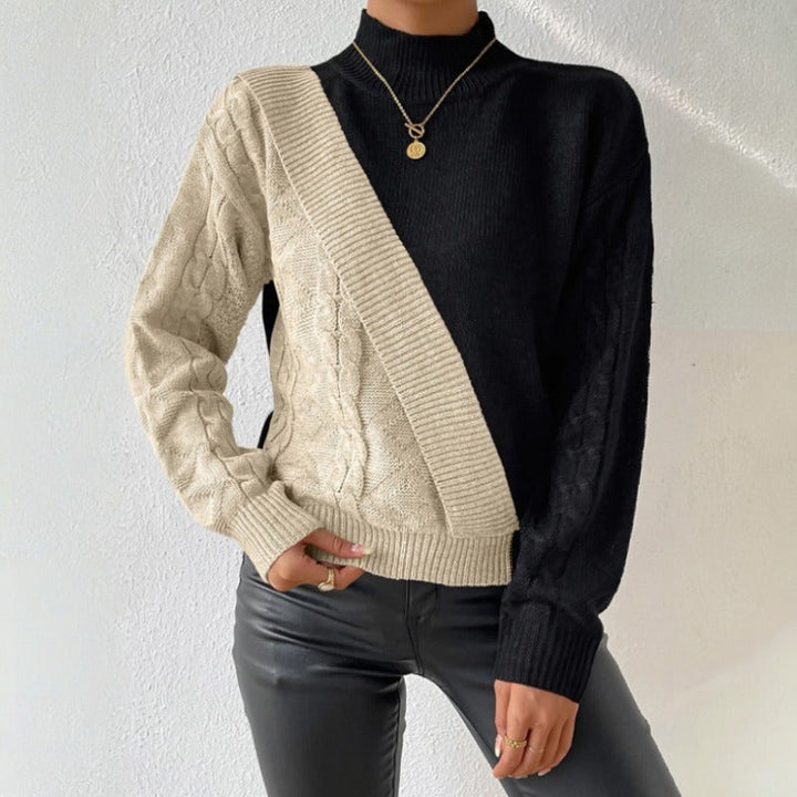 Women's Knitted Jumper with Colour Block & Mock Neck | Casual