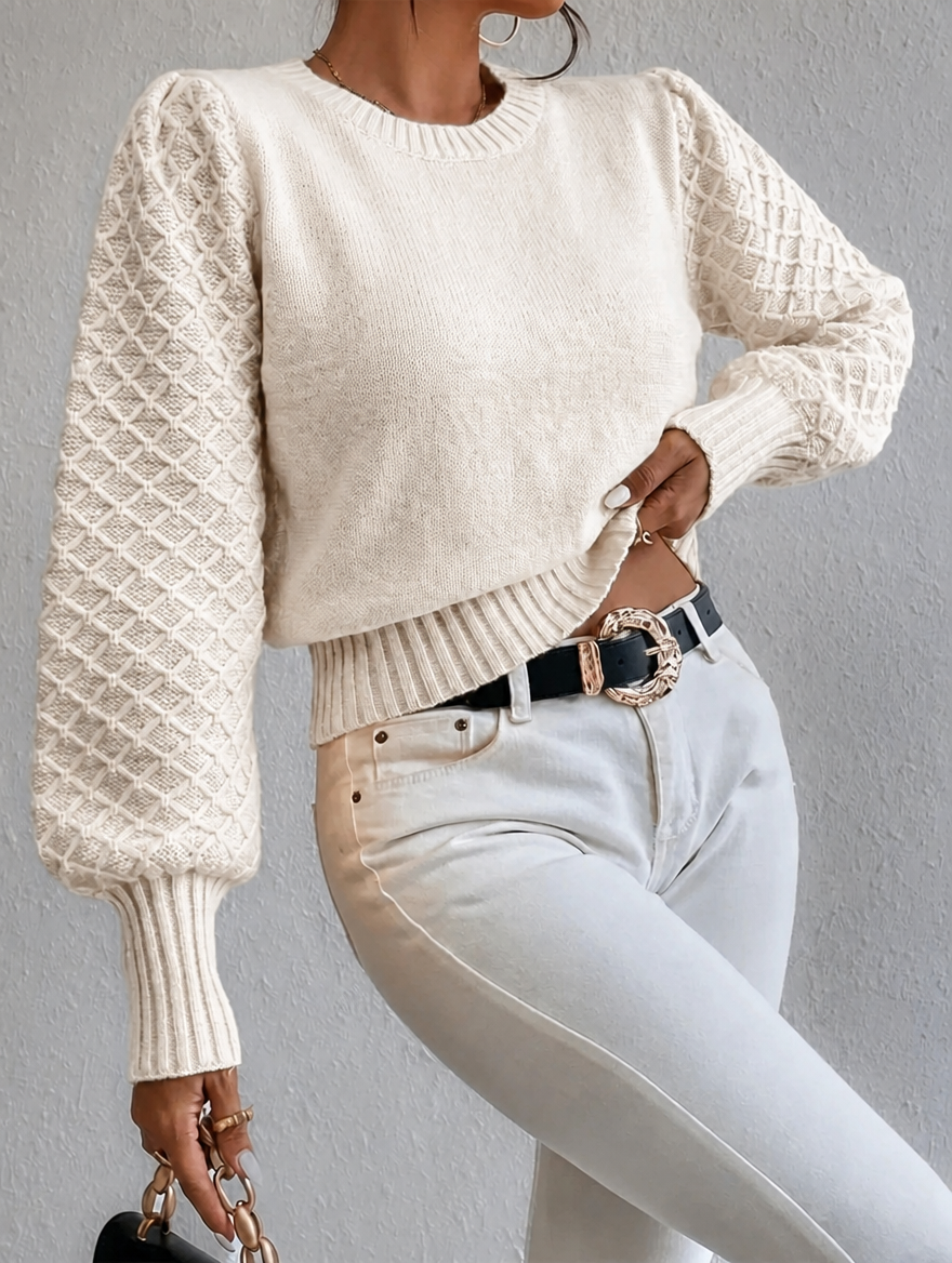 Women's Knitted Jumper with Diamond Pattern & Crew Neck | Pullover