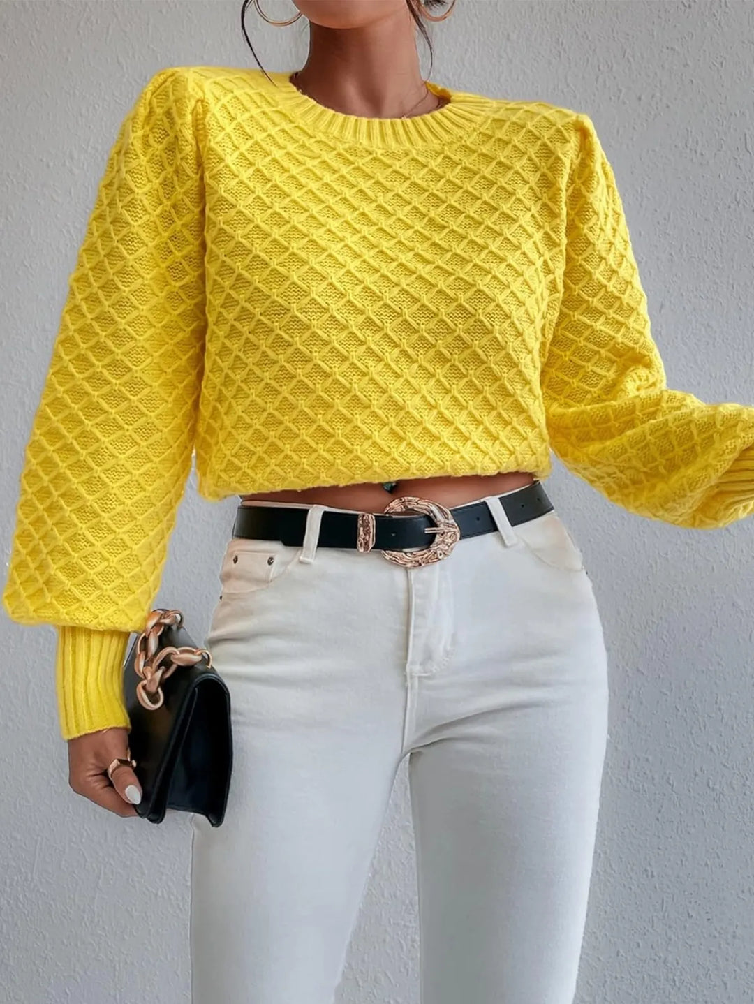 Women's Knitted Jumper with Diamond Pattern & Crew Neck | Pullover