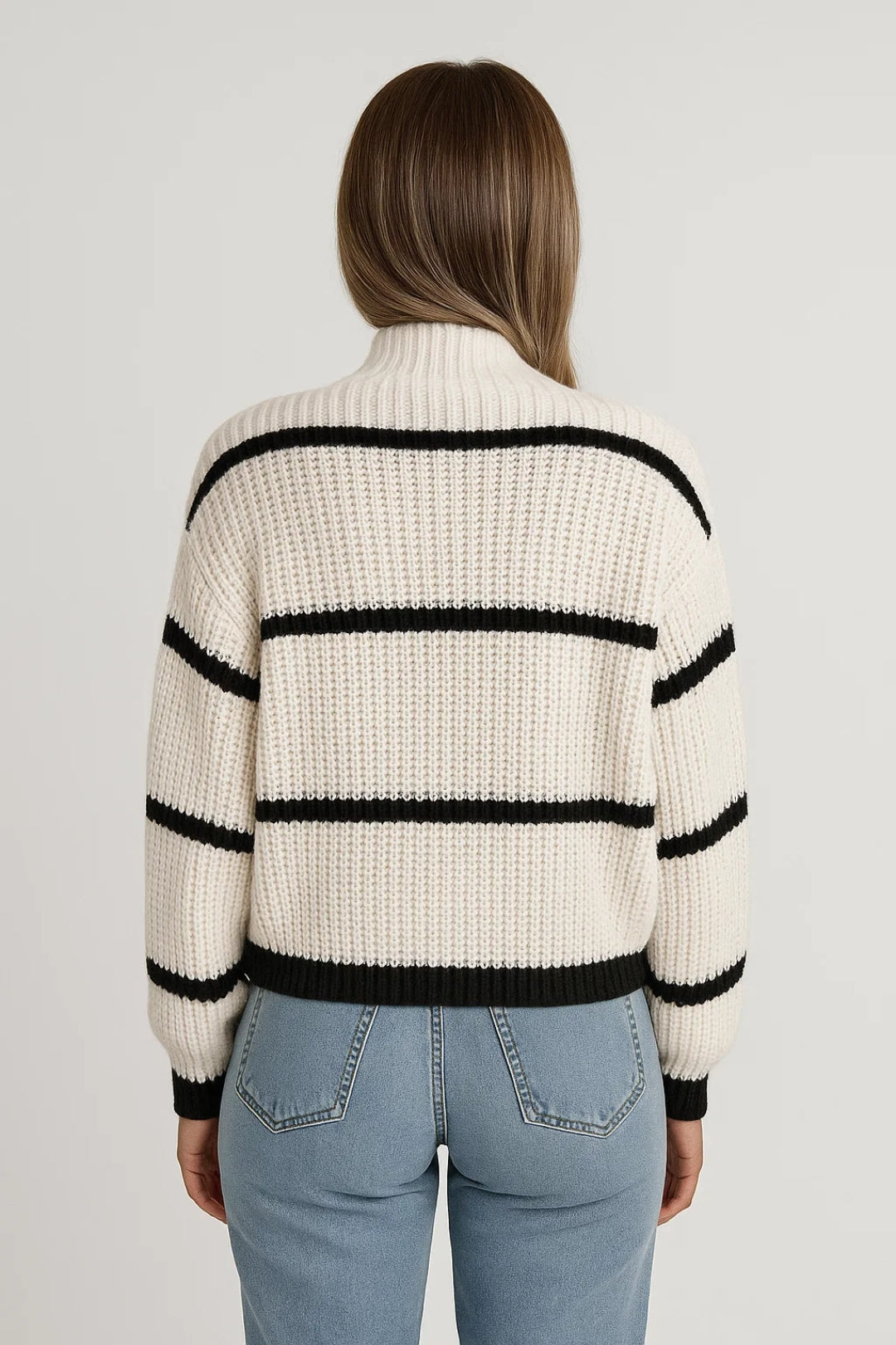 Women's Knitted Jumper with Stripe Design | Mock Neck