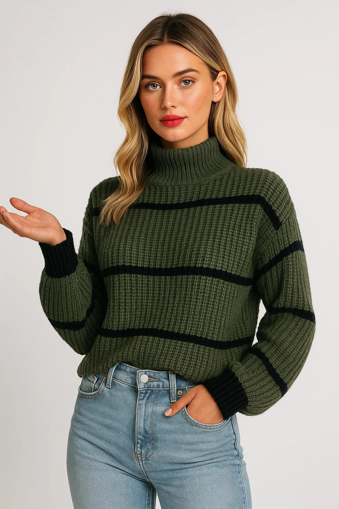 Women's Knitted Jumper with Stripe Design | Mock Neck