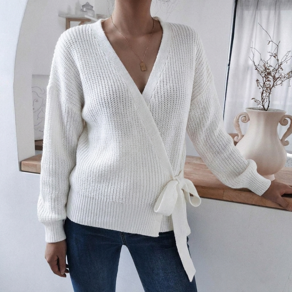 Women's Knitted Jumper with Wrap Front & Tie Waist | Casual
