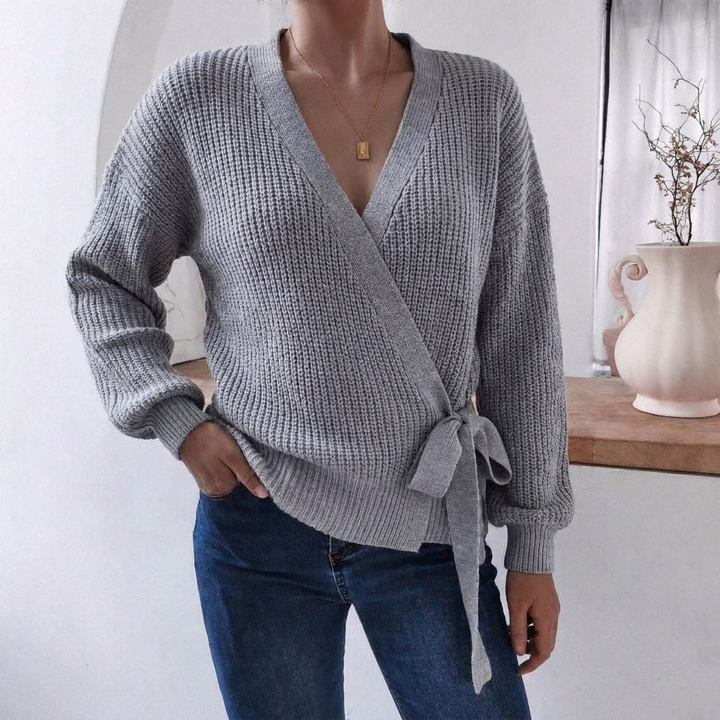 Women's Knitted Jumper with Wrap Front & Tie Waist | Casual