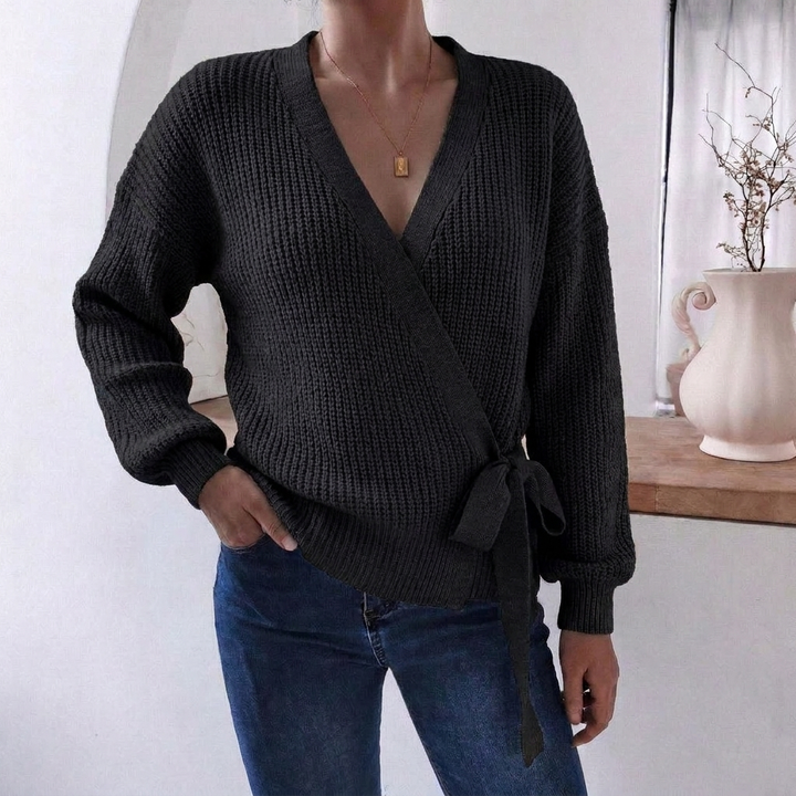 Women's Knitted Jumper with Wrap Front & Tie Waist | Casual
