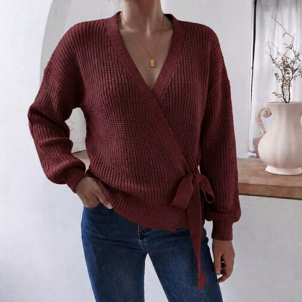 Women's Knitted Jumper with Wrap Front & Tie Waist | Casual