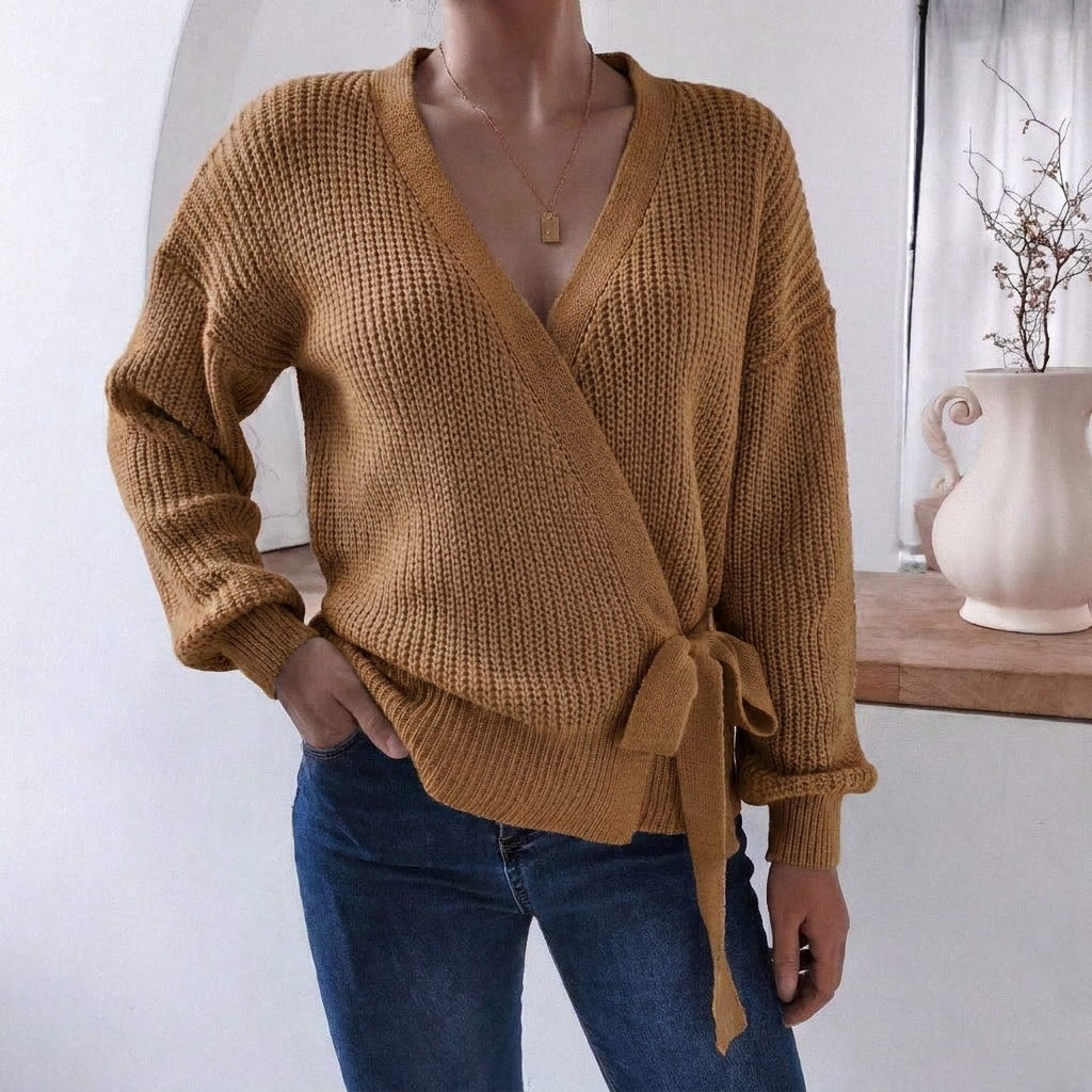 Women's Knitted Jumper with Wrap Front & Tie Waist | Casual