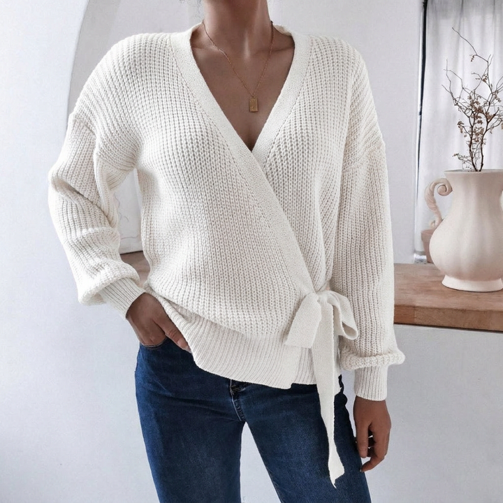 Women's Knitted Jumper with Wrap Front & Tie Waist | Casual