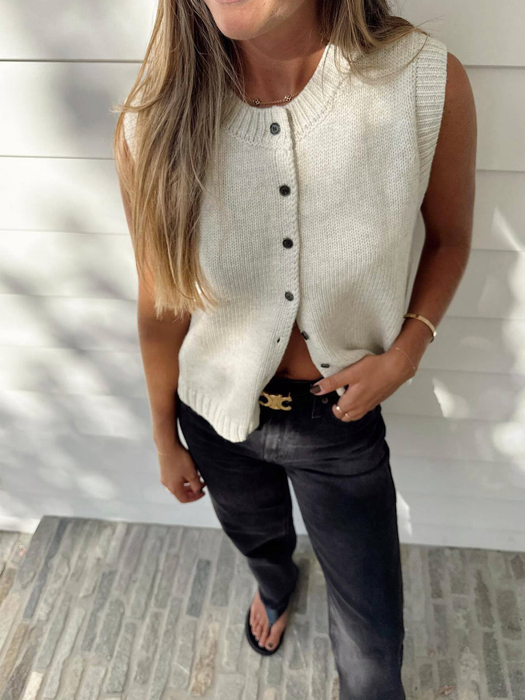 Women's Knitted Vest with Button Front | Round Neck