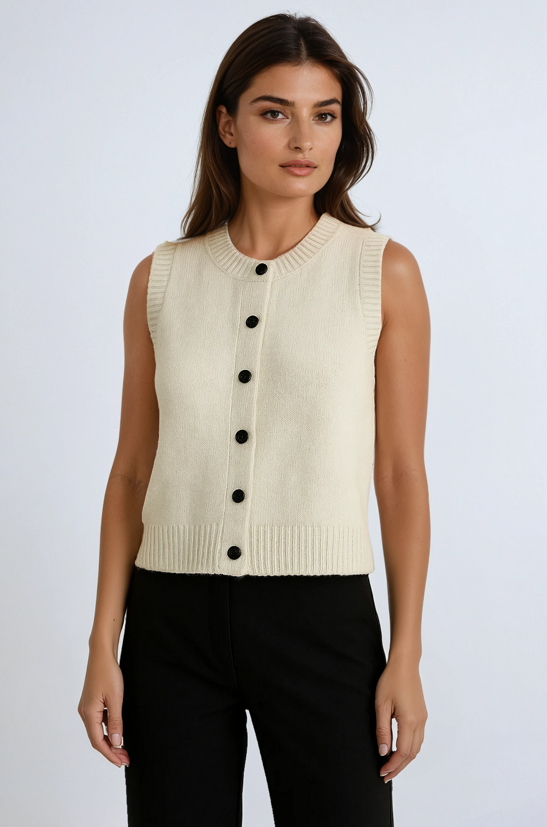 Women's Knitted Vest with Button Front | Round Neck