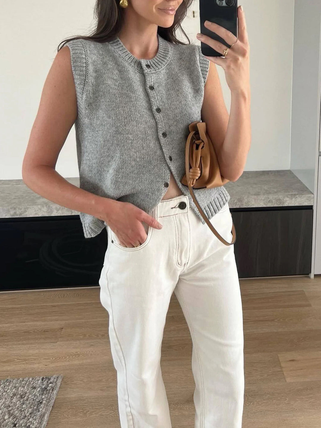 Women's Knitted Vest with Button Front | Round Neck