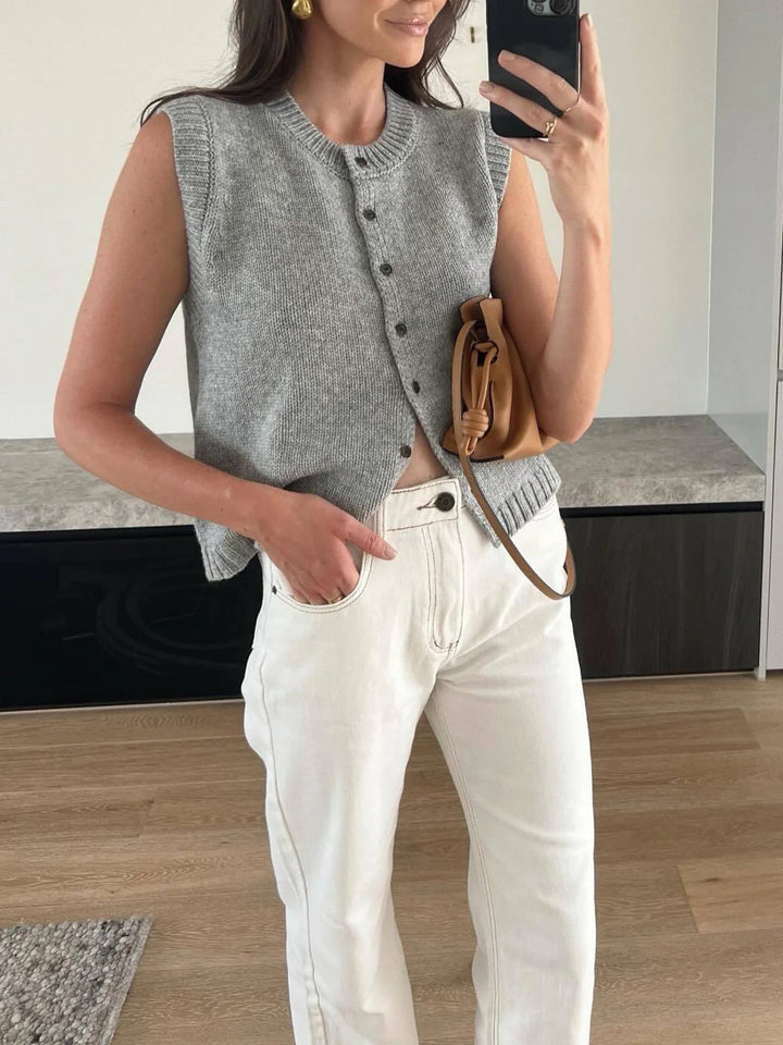 Women's Knitted Vest with Button Front | Round Neck