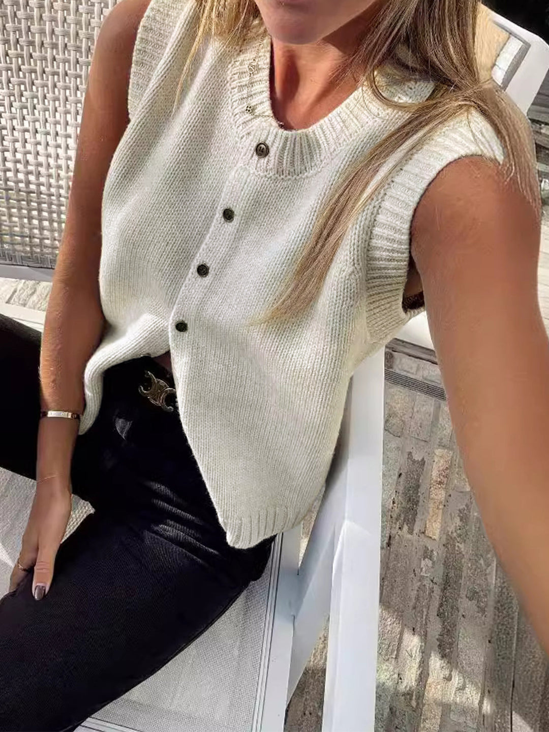 Women's Knitted Vest with Button Front | Round Neck
