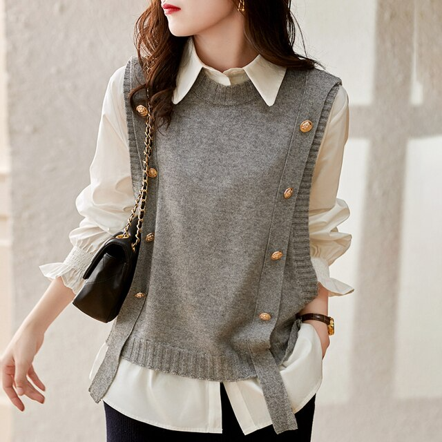 Women's Knitted Vest with Button Trim | Round Neck