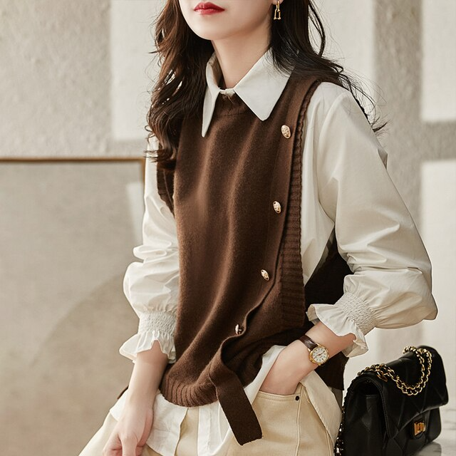 Women's Knitted Vest with Button Trim | Round Neck