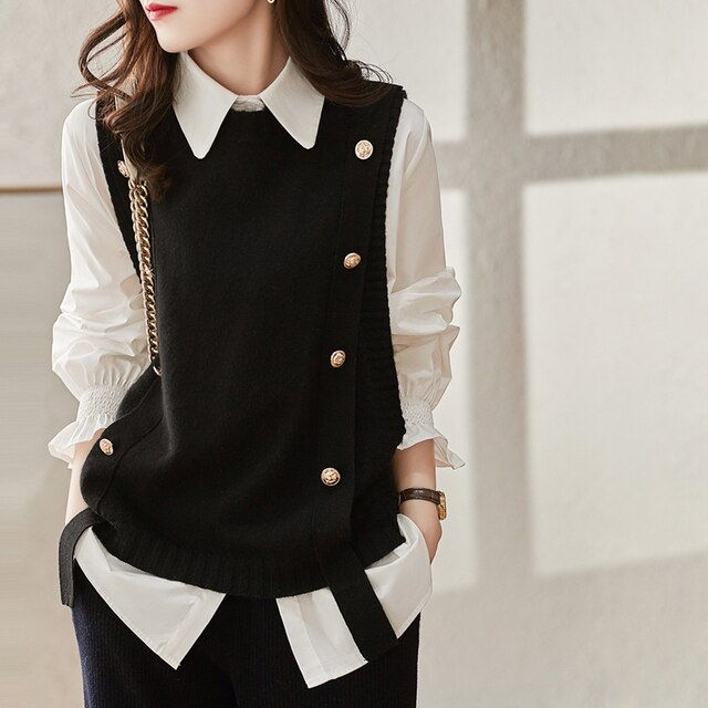 Women's Knitted Vest with Button Trim | Round Neck