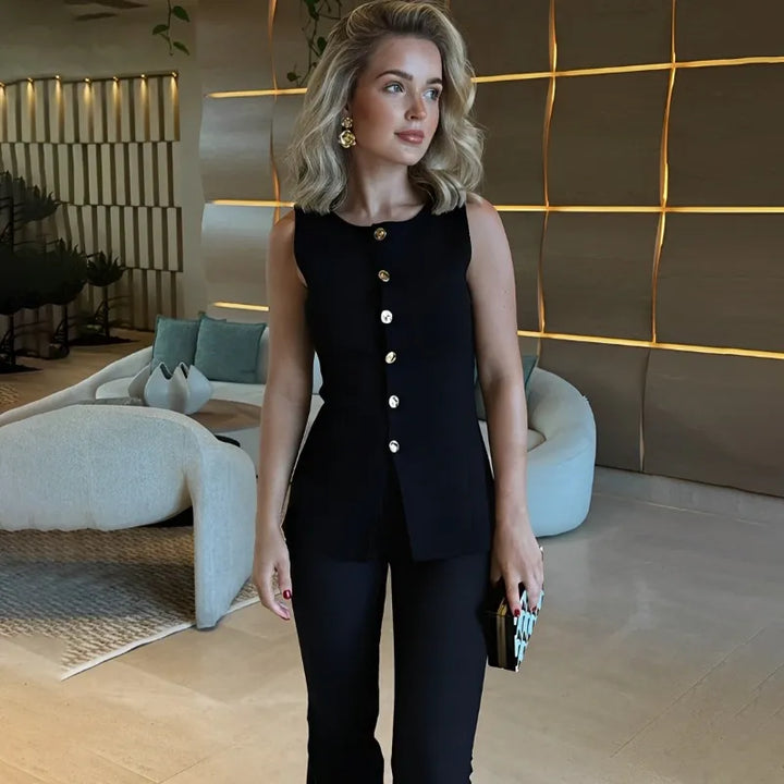 Women's Knitted Vest with Split Hem & Button Front | Round Neck