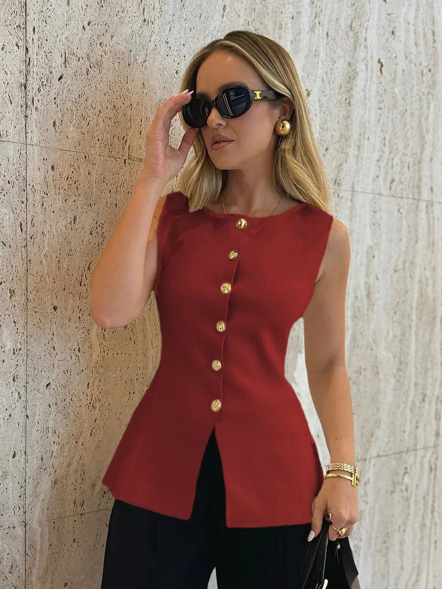Women's Knitted Vest with Split Hem & Button Front | Round Neck