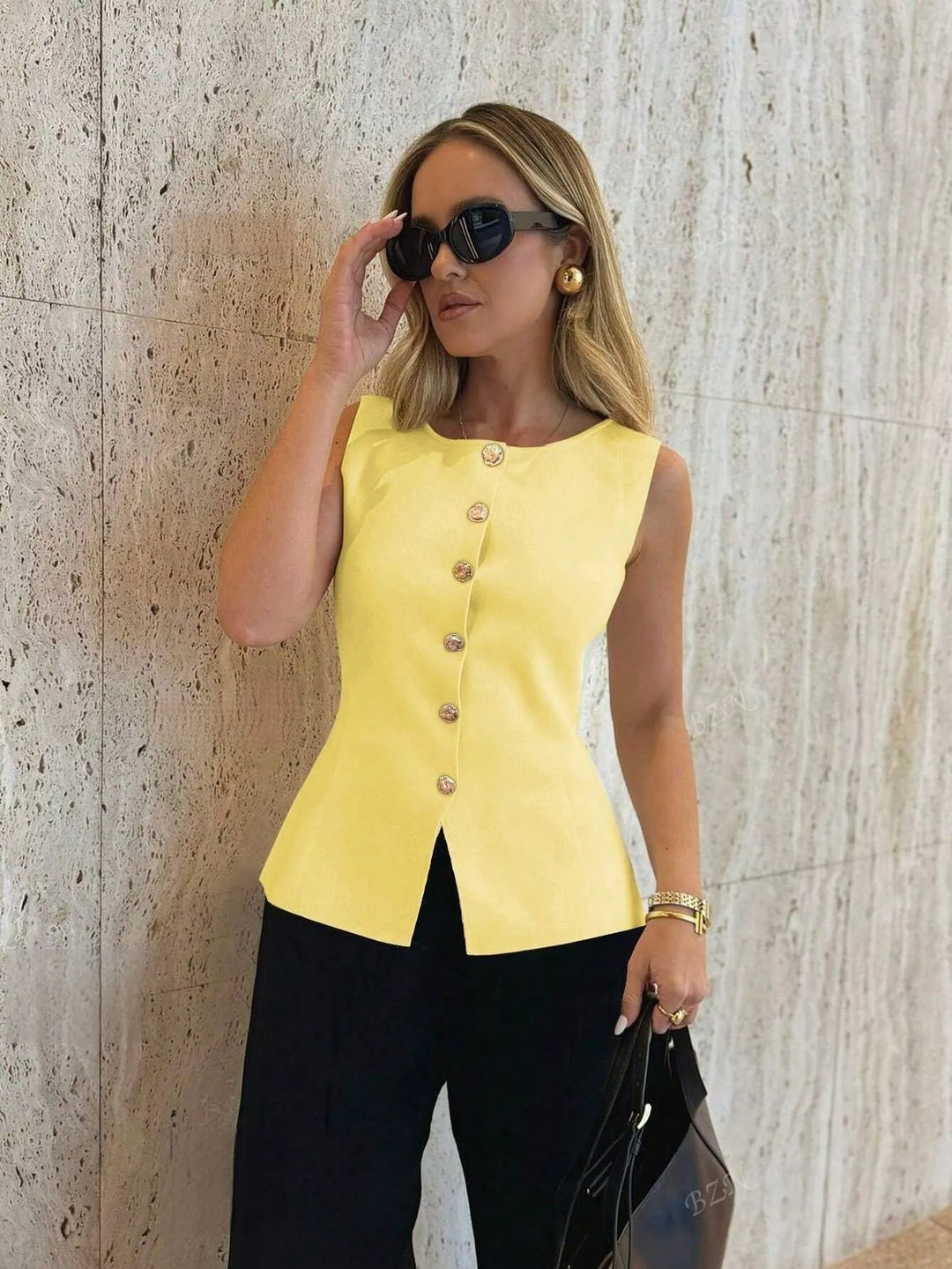 Women's Knitted Vest with Split Hem & Button Front | Round Neck