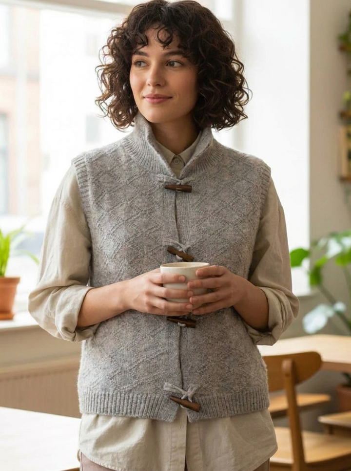 Women's Knitted Vest with Toggle Buttons | Stand Collar