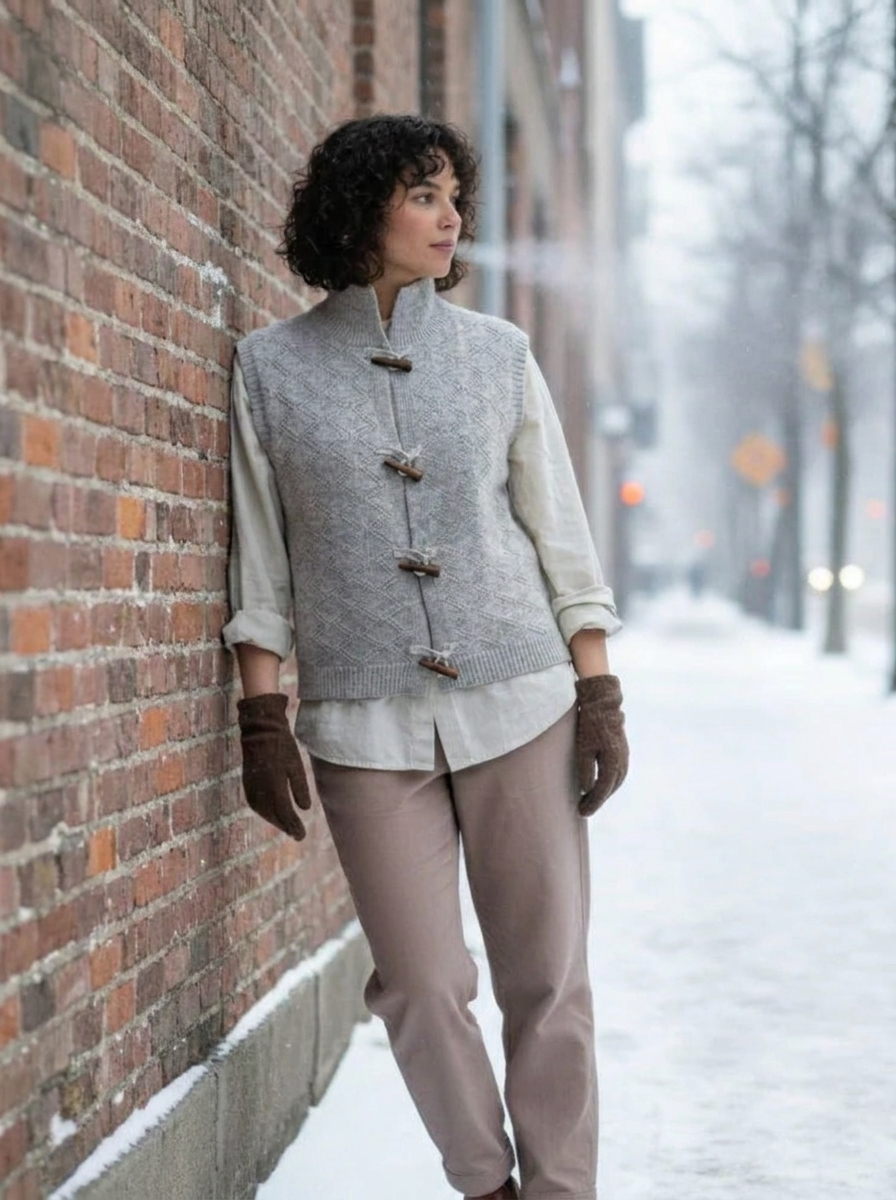 Women's Knitted Vest with Toggle Buttons | Stand Collar
