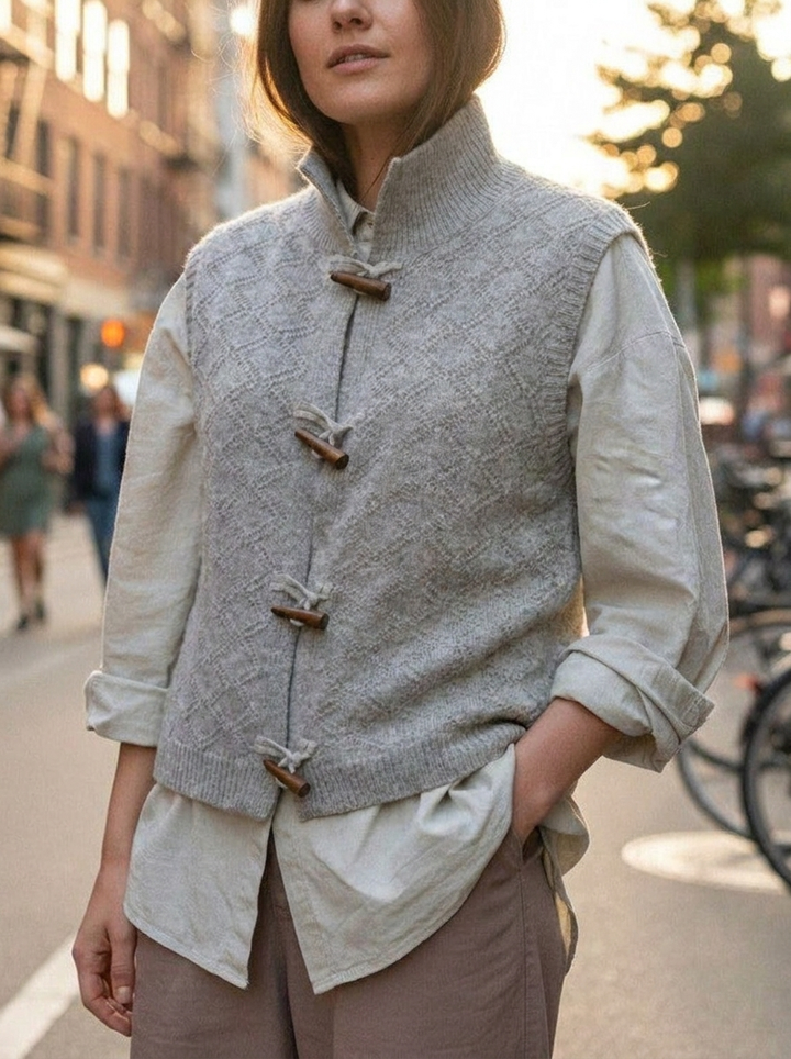 Women's Knitted Vest with Toggle Buttons | Stand Collar