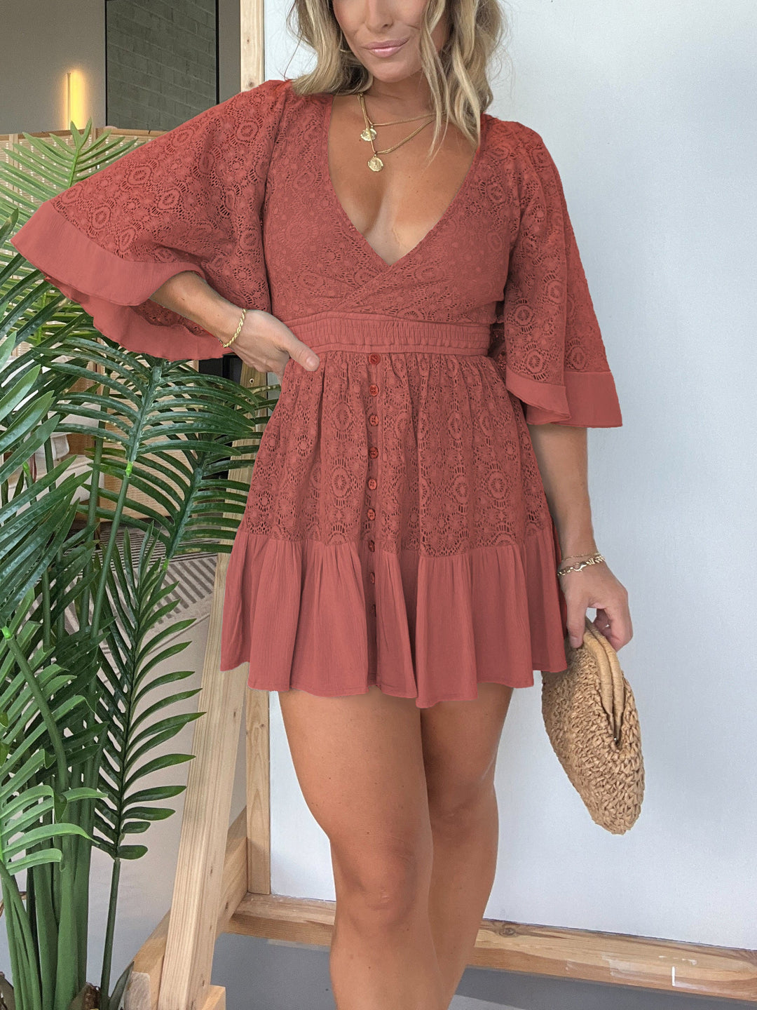 Women's Lace Dress with Built-In Shorts | V-Neck Mini