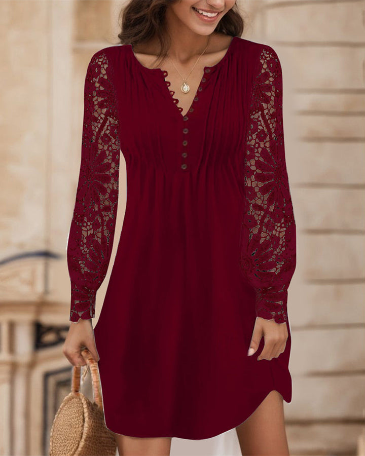 Women's Lace Dress with Long Sleeve & Buttons | Mini