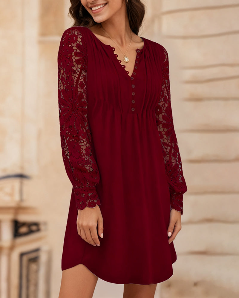 Women's Lace Dress with Long Sleeve & Buttons | Mini