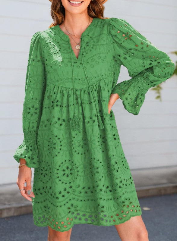 Women's Lace Dress with Long Sleeve & Tassel Tie | Mini