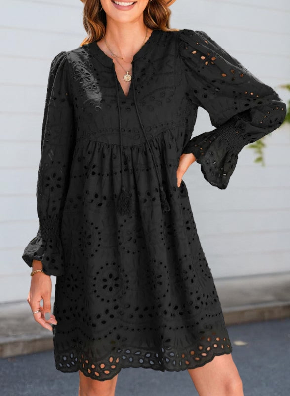 Women's Lace Dress with Long Sleeve & Tassel Tie | Mini
