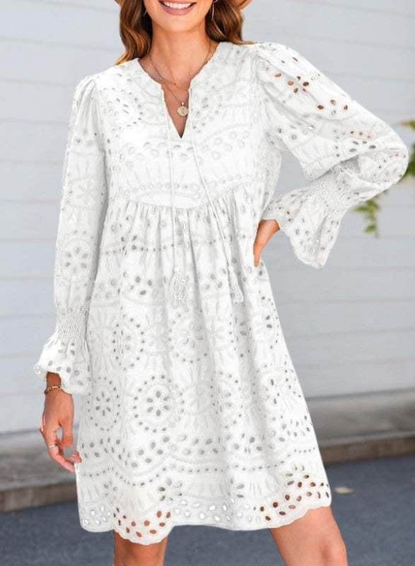 Women's Lace Dress with Long Sleeve & Tassel Tie | Mini